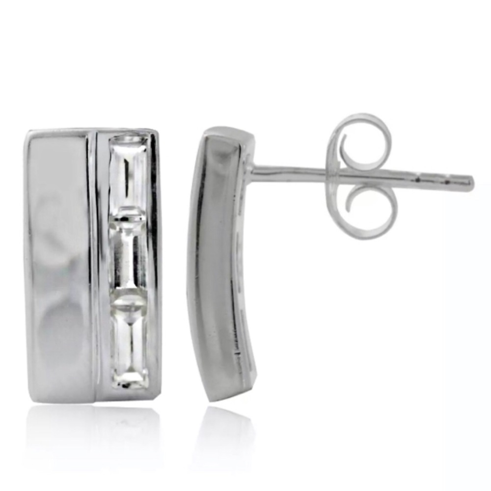 Sterling Silver 925 White Topaz Mosaic of Baguette Journey Bar Stud